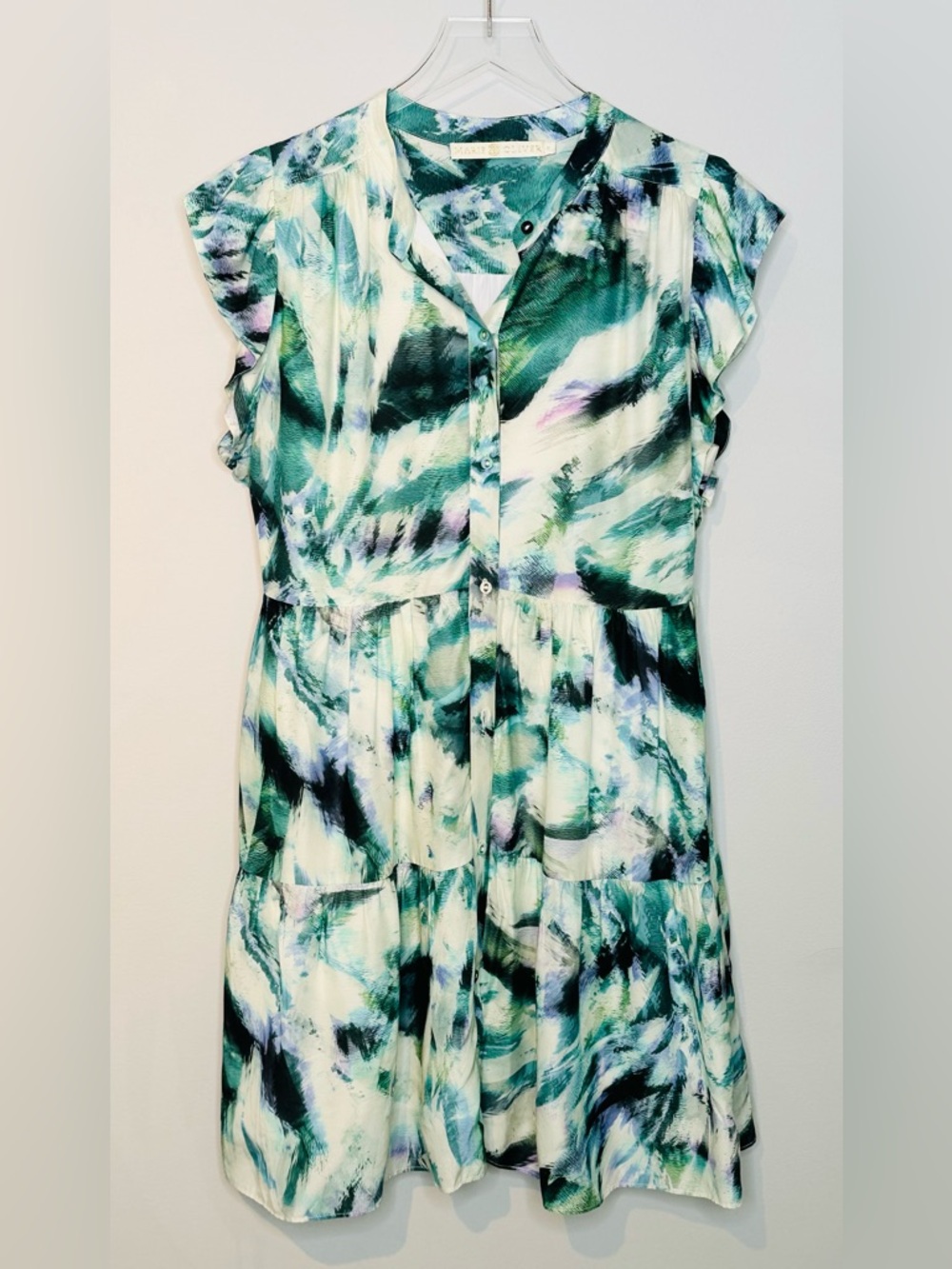 Marie Oliver Neelie Teal Green Silk Blend Printed Tiered Mini Dress